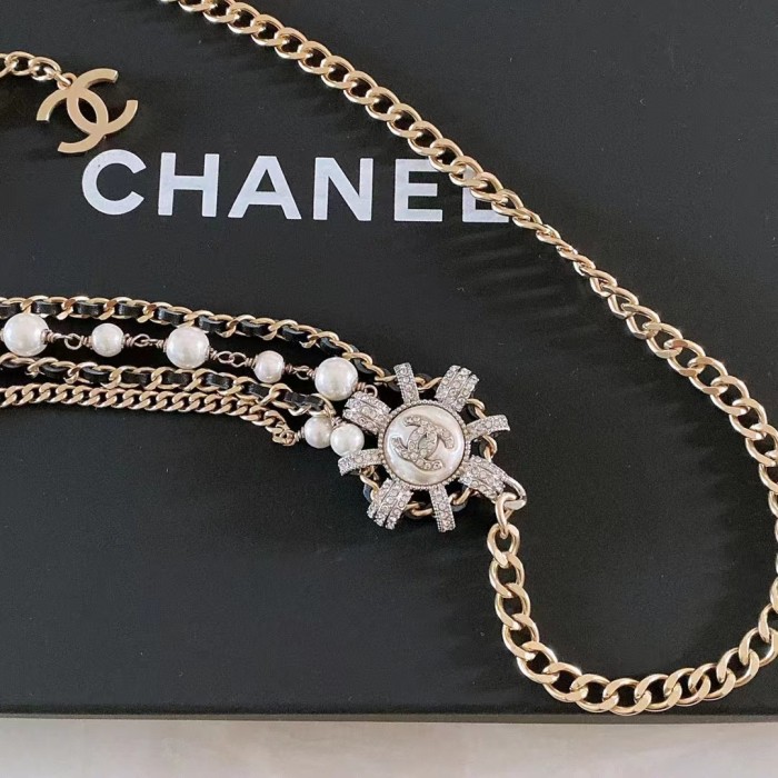 Chanel Women CC Chain Belt Calfskin Glass Pearls Black Pearly White Crystal Gold Silver-Tone Metal Strass