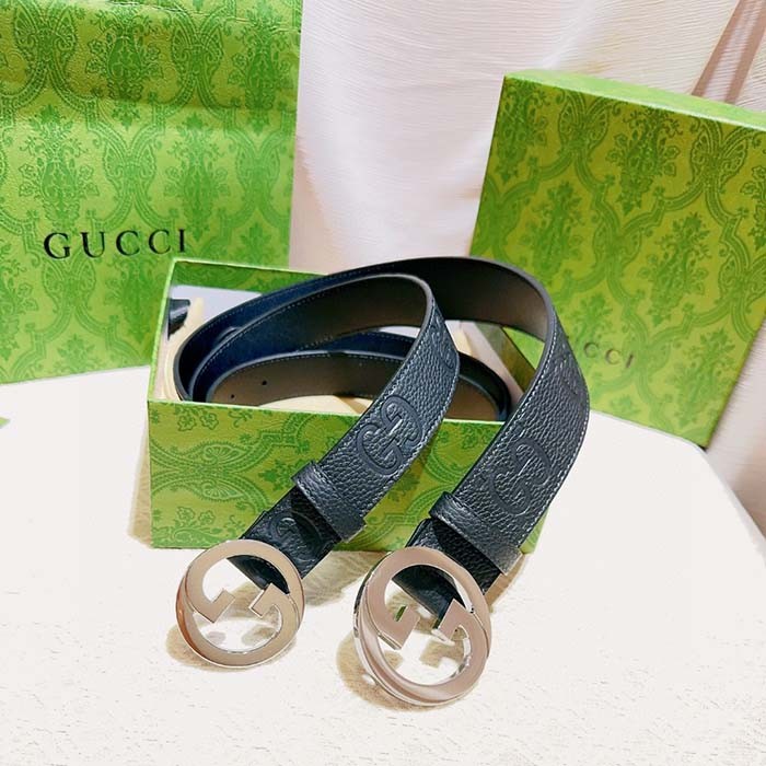 Gucci Unisex Blondie Wide Belt Black Maxi GG Leather G Buckle 4 CM Width