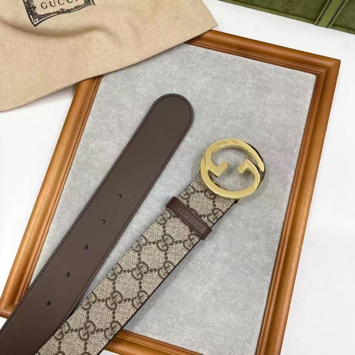 Gucci Unisex GG Blondie Belt Round Interlocking G Buckle Ebony Beige Supreme Canvas