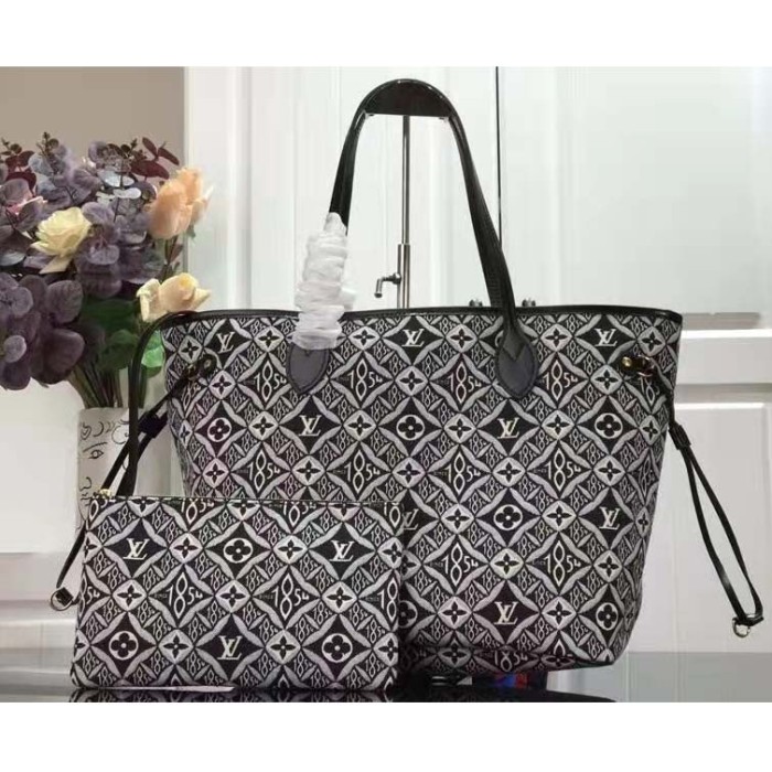 Louis Vuitton LV Women Since 1854 Neverfull MM Tote Black Monogram Flowers Canvas