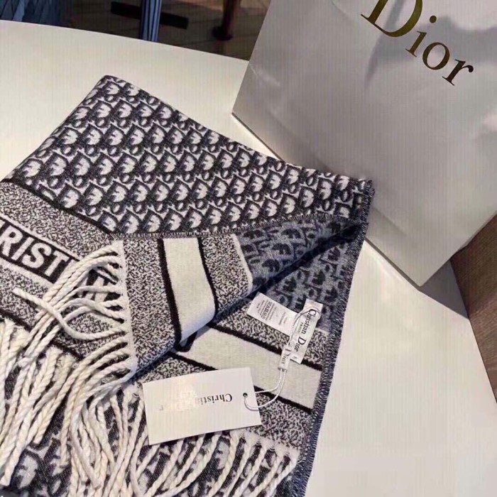 Dior Women Oblique Scarf Navy Blue Cashmere