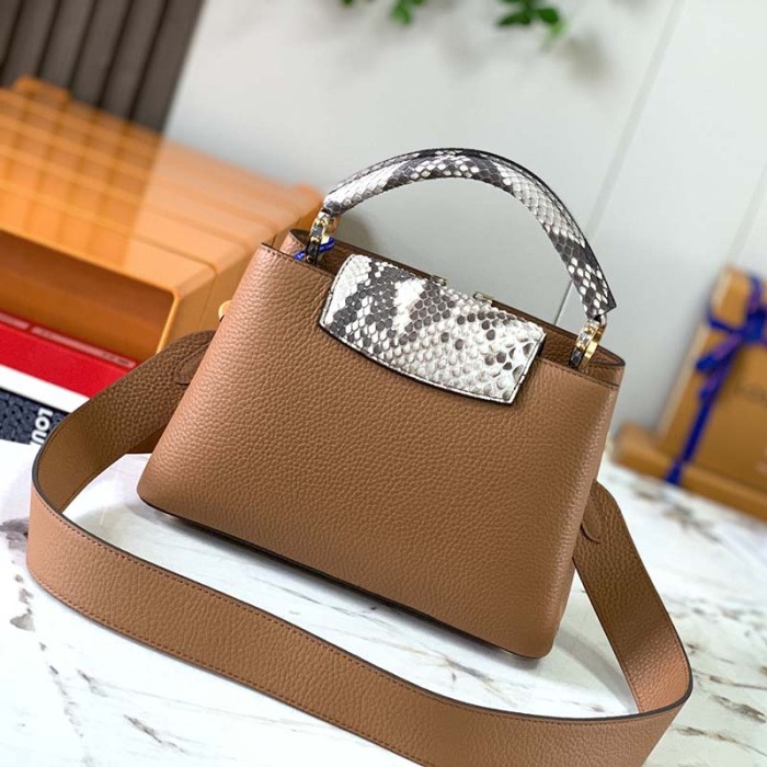 Louis Vuitton LV Women Capucines BB Handbag Brown Taurillon Python Skin Leather