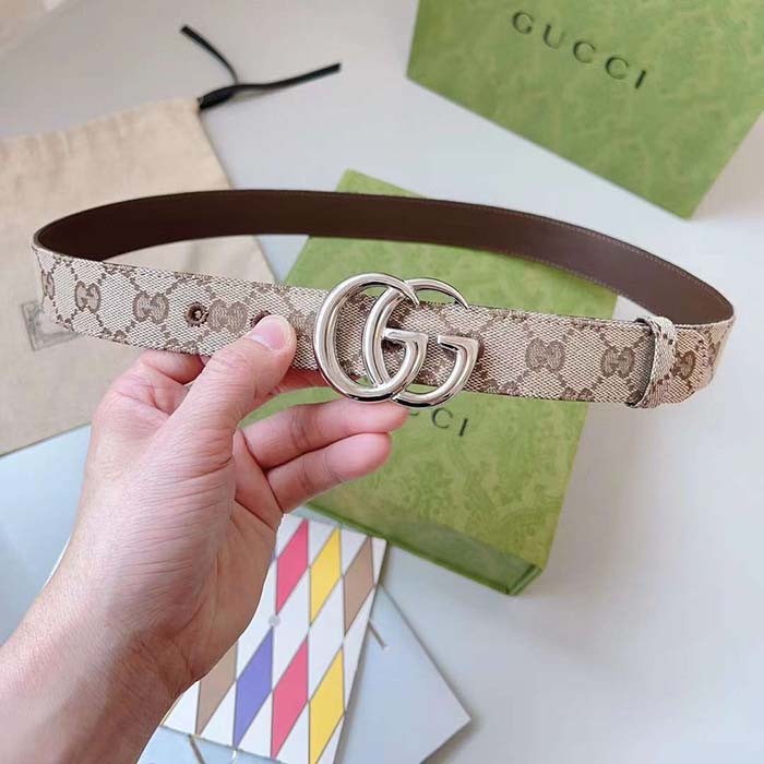 Gucci Unisex GG Marmont Reversible Belt Beige Ebony Original Canvas Double G Buckle