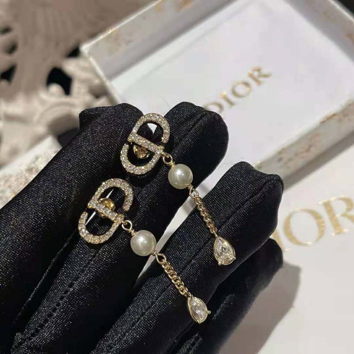 Dior Women Petit CD Earrings Gold-Finish Metal with White Resin Pearls