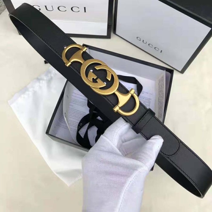 Gucci Unisex Leather Belt with Interlocking G Horsebit-Black