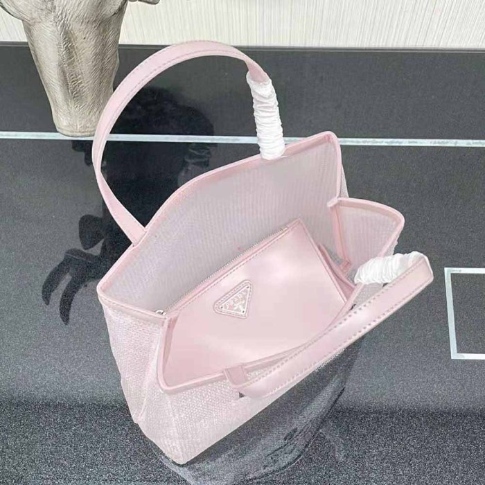 Prada Women Small Sequined Mesh Tote Bag-Pink