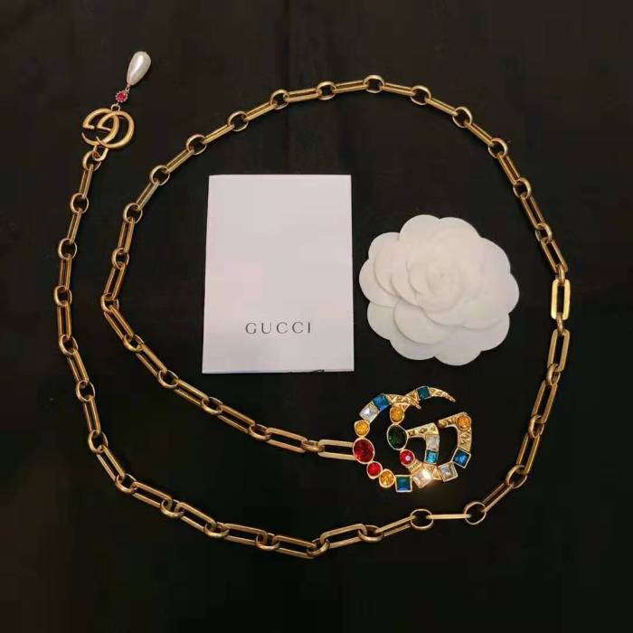 Gucci Women Chain Belt with Crystal Double G Buckle in Gold-Toned Chain