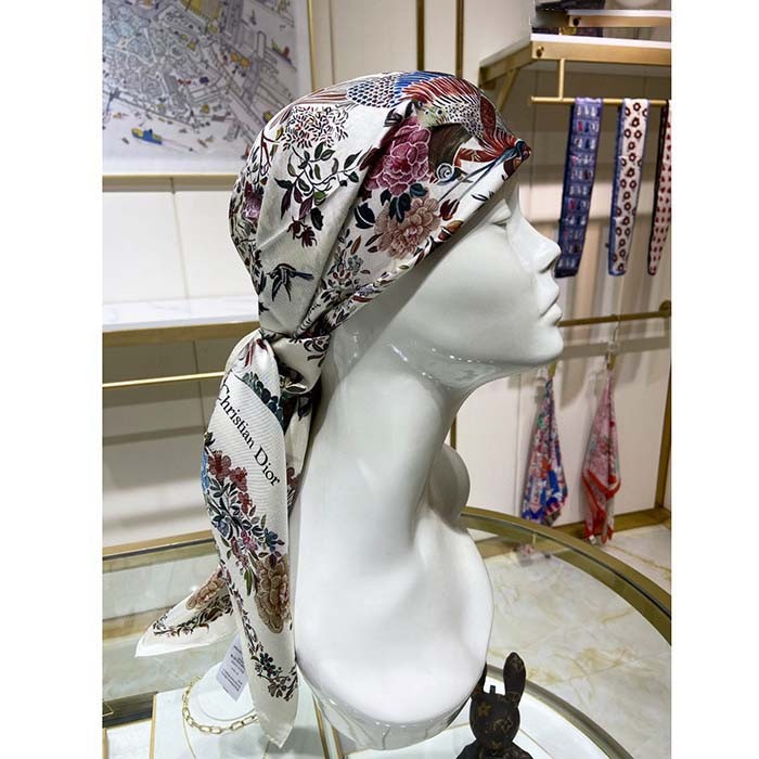 Dior CD Women Jardin D'Hiver 90 Square Scarf White Multicolor Silk Twill