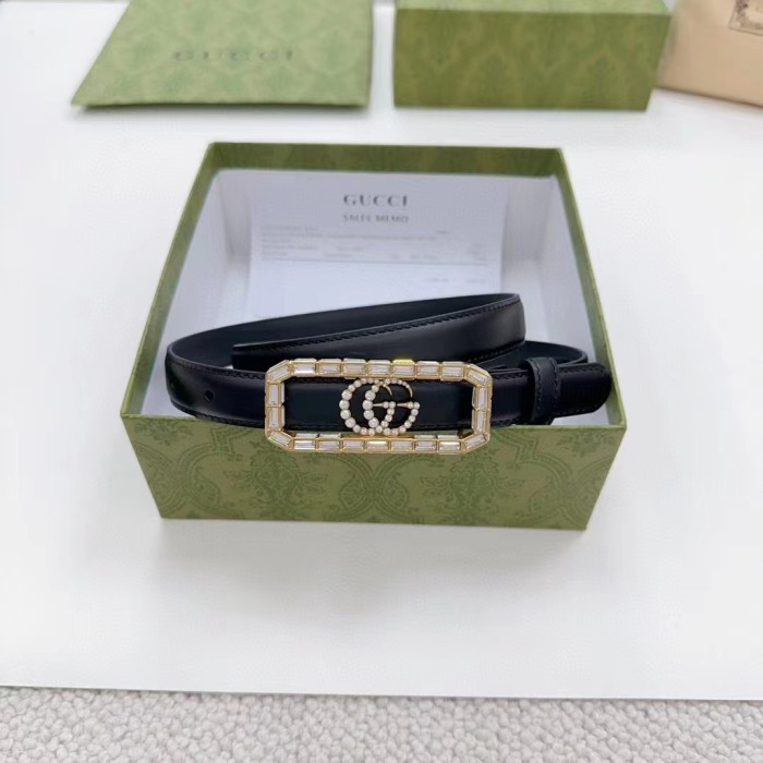 Gucci Unisex GG Thin Belt Crystal Double G Buckle Black Leather 2 CM Width