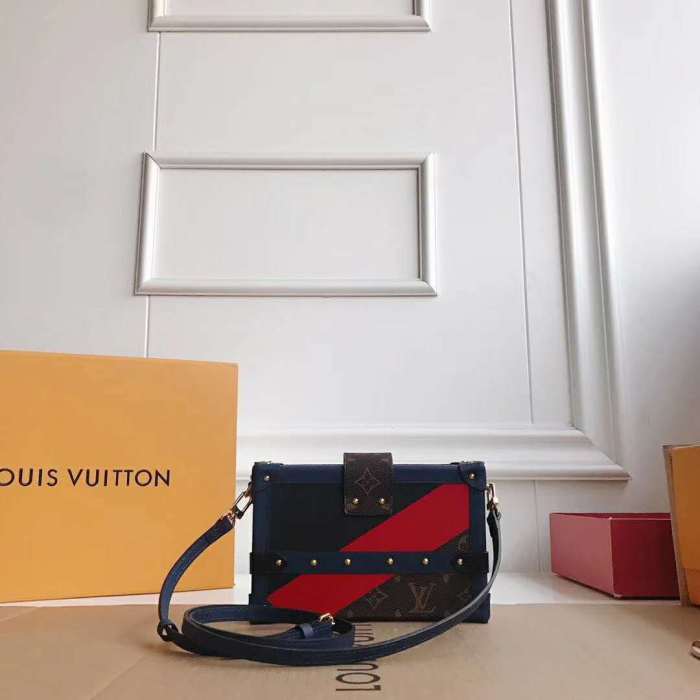 Louis Vuitton LV Women Petite Malle Handbag in Calf Leather and Monogram Coated Canvas