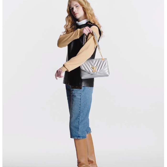 Louis Vuitton LV Women New Wave Chain Bag MM Metallic Gray Quilted Cowhide Leather