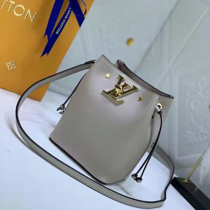 Louis Vuitton LV Women Nano Lockme Bucket Bag Greige Beige Grained Calf