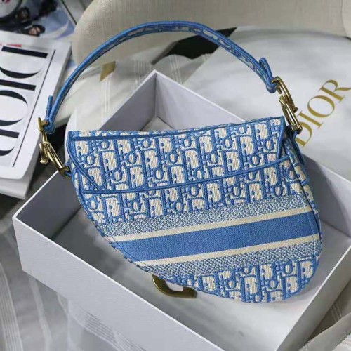 Dior Women Saddle Bag Cornflower Blue Dior Oblique Embroidery