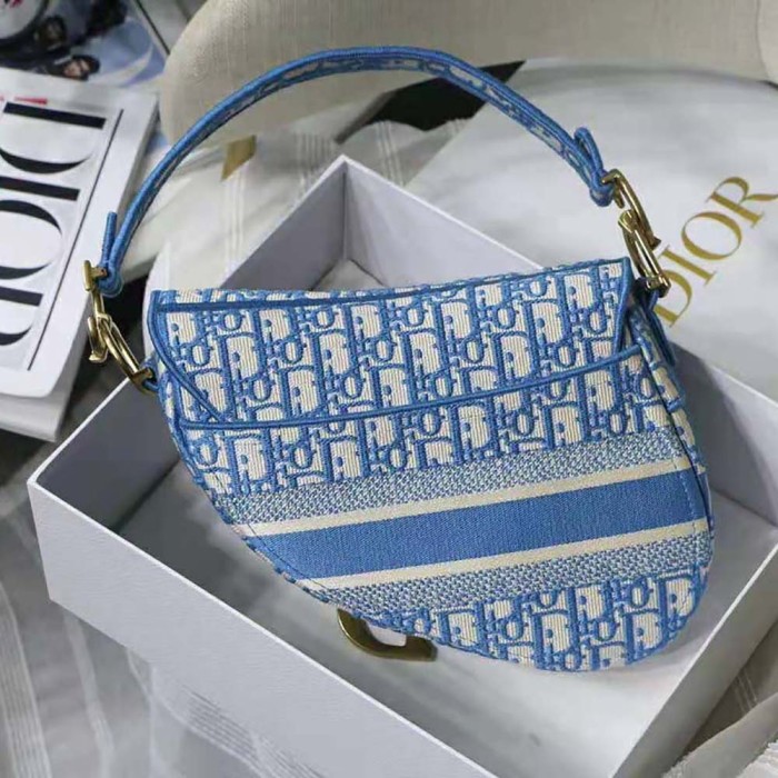 Dior Women Saddle Bag Cornflower Blue Dior Oblique Embroidery