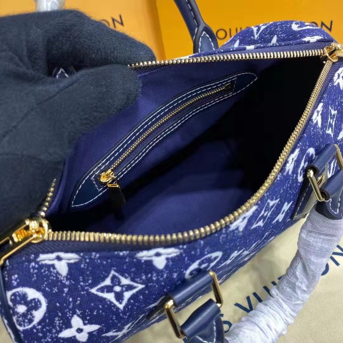 Louis Vuitton LV Women Speedy Bandoulière 25 Handbag Navy Blue Denim Jacquard Calfskin