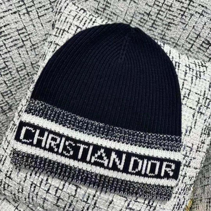Dior Women D-White Beanie Black and Ivory Virgin Wool and Cashmere
