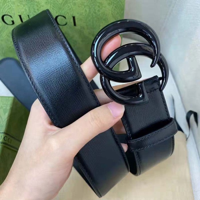Gucci Unisex GG Marmont Wide Belt Black Leather Double G Buckle 4 cm Width