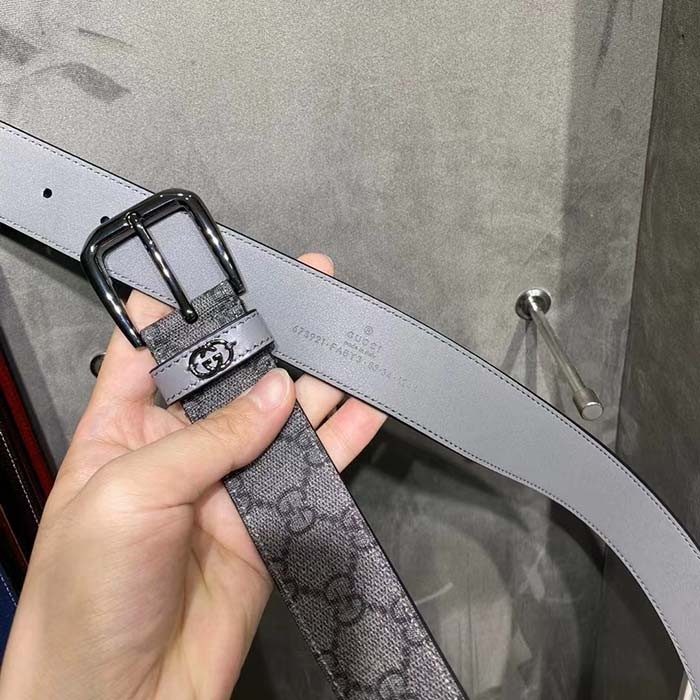 Gucci GG Unisex Belt Interlockig G Grey Black GG Supreme Canvas Leather Square Buckle