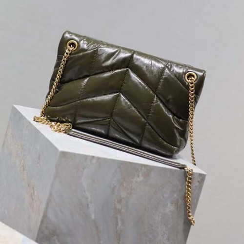 Saint Laurent YSL Women Puffer Small Quilted Crackled Calfskin Leather Dark Green