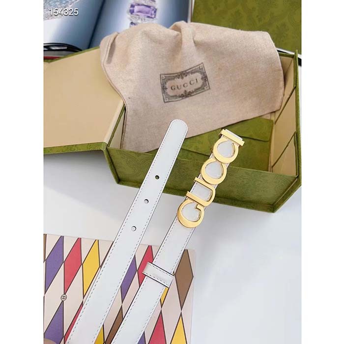 Gucci Unisex Buckle Thin Belt White Leather Gold-Toned Hardware 2 CM Width