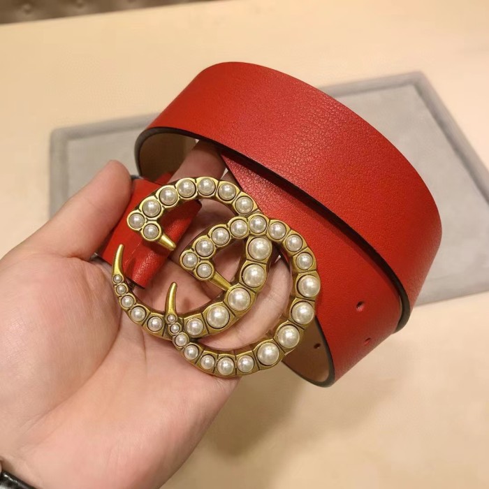 Gucci Unisex Leather Belt Pearl Double G Red 3.8 CM Width