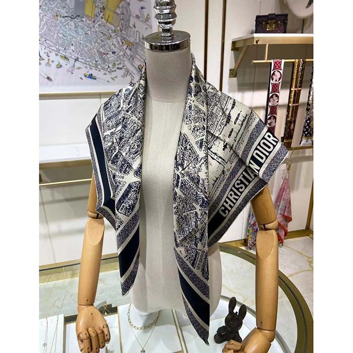 Dior Women CD Plan De Paris 90 Square Scarf Beige Black Silk Twill