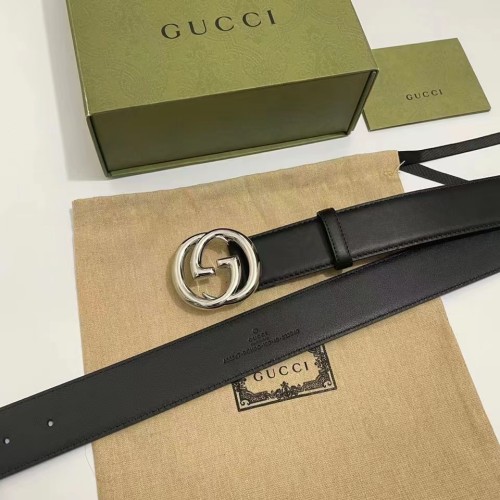 Gucci Unisex GG Blondie Belt Black Leather Round Interlocking G Buckle 4 CM Width