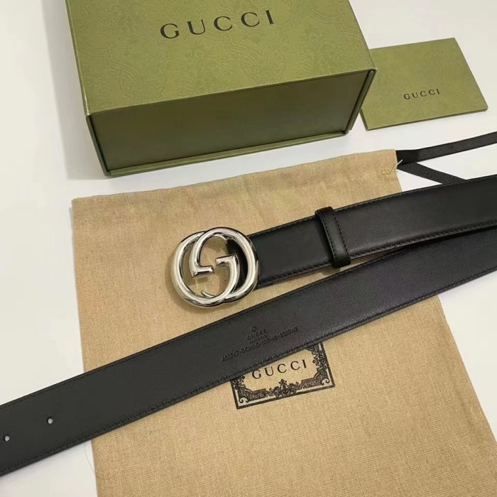 Gucci Unisex GG Blondie Belt Black Leather Round Interlocking G Buckle 4 CM Width