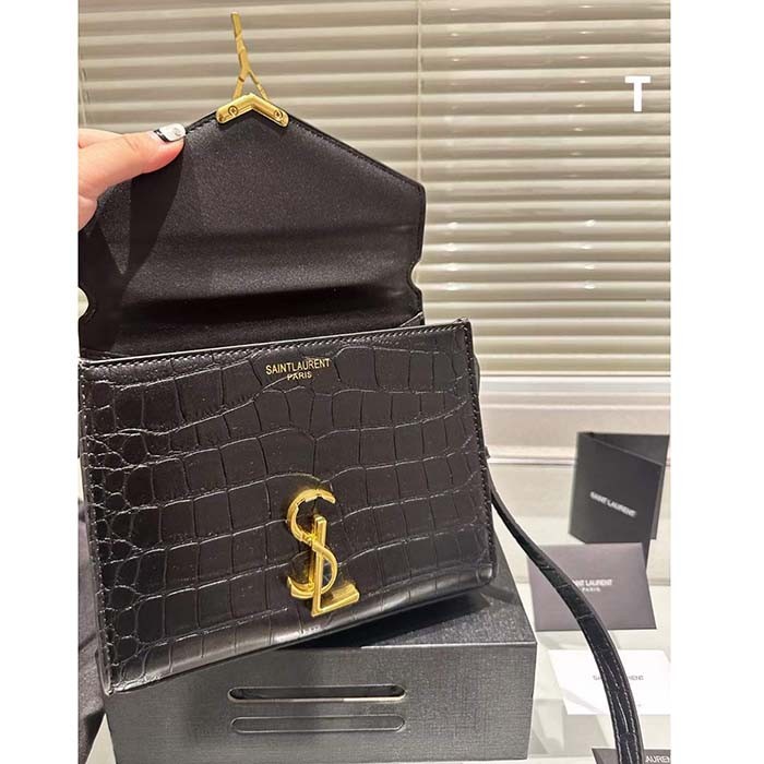 Saint Laurent YSL Women Cassandra Mini Top Handle Bag Crocodile Shiny Leather