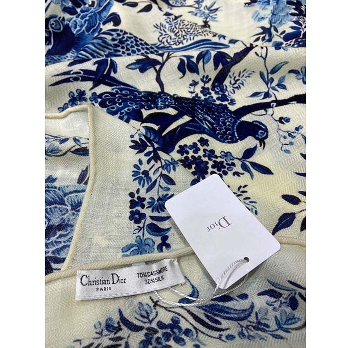 Dior Women CD Dior Jardin D'Hiver 90 Square Scarf Ivory Blue Silk Twill