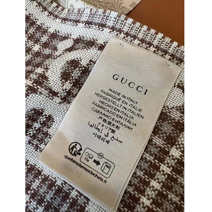 Gucci Unisex GG Wool Jacquard Scarf Ivory Beige Houndstooth Fringe Trim