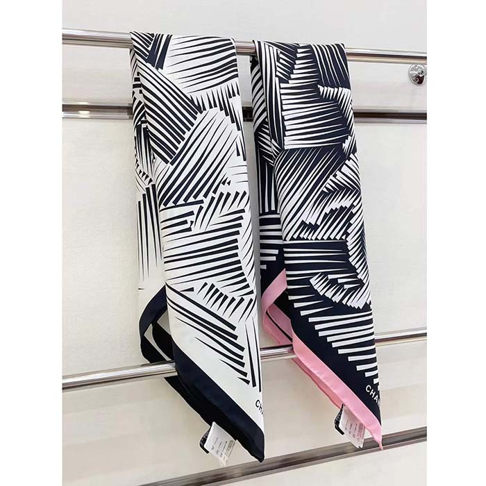Chanel CC Women Square Scarf Silk Twill White Black