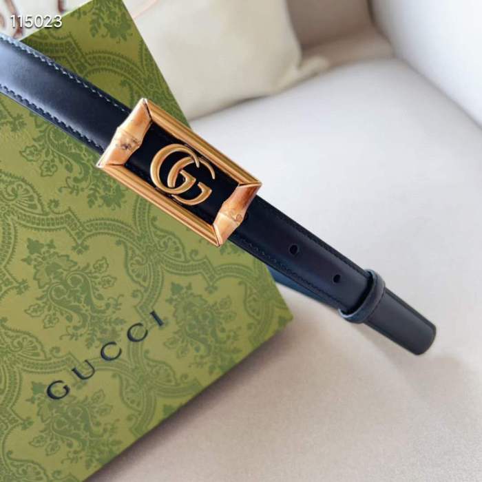 Gucci Unisex GG Belt Double G Buckle Bamboo Black Leather 1.8 CM Width