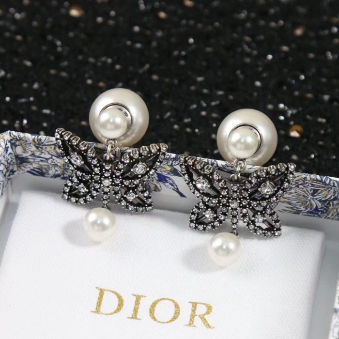 Dior Women CD Papillon De Nuit Earrings Antique Silver Metal Pearls