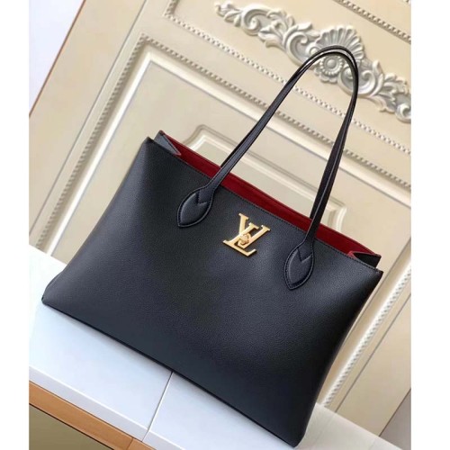 Louis Vuitton LV Women Lockme Shopper Black Grained Calf Leather