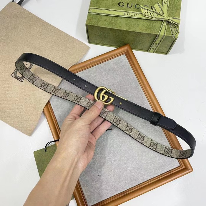 Gucci Unisex Marmont Reversible Thin Belt Black Beige Ebony GG Supreme Canvas