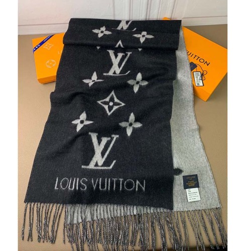 Louis Vuitton LV Unisex Reykjavik Scarf Black Soft Cashmere Monogram Pattern