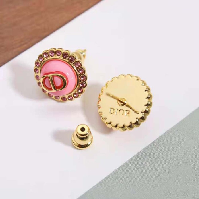 Dior Women Petit CD Stud Earrings Gold-Finish Metal Pink Crystals and Light Pink Glass