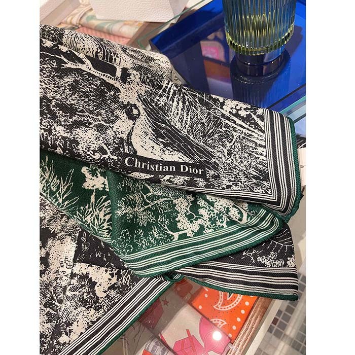 Dior Women CD Toile De Jouy Sauvage Square Scarf Navy Blue Ivory Silk Twill