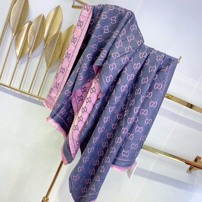 Gucci Women GG Wool Scarf Graphite Pink GG Fringe Edges