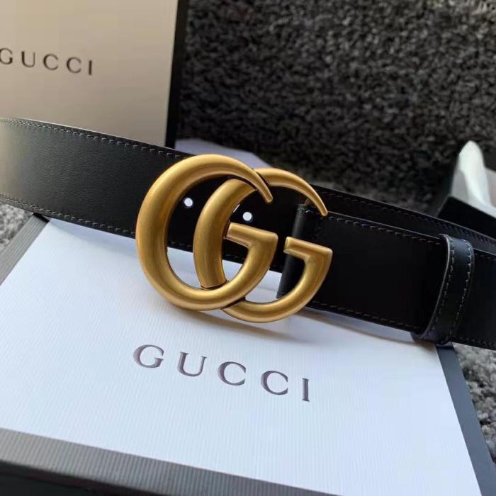 Gucci Unisex GG Marmont Leather Belt with Shiny Buckle in 3.8cm Width-Black