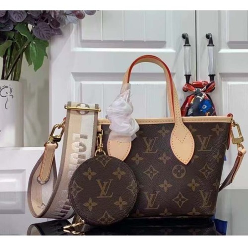 Louis Vuitton LV Women Neverfull BB Beige Monogram Coated Canvas Natural Cowhide Leather