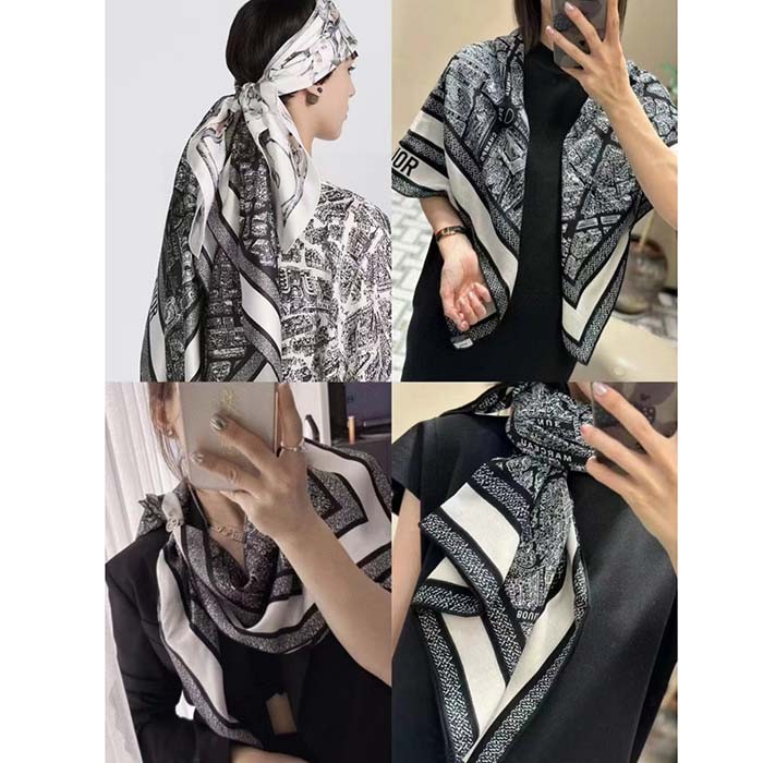 Dior Women CD Plan De Paris 90 Square Scarf Black White Silk Twill