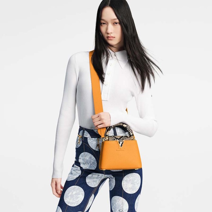 Louis Vuitton LV Women Capucines Mini Handbag Golden Yellow Taurillon Python Leather