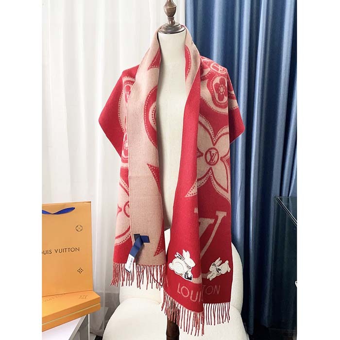 Louis Vuitton LV Unisex Precious Rabbit Reykjavik Scarf Red Cashmere Monogram Flowers
