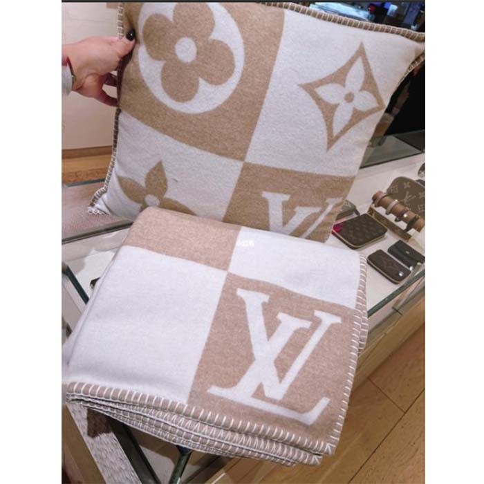 Louis Vuitton Unisex LV Checkmate Cushion Beige Wool Cashmere Jacquard Weave Monogram Flowers M77864