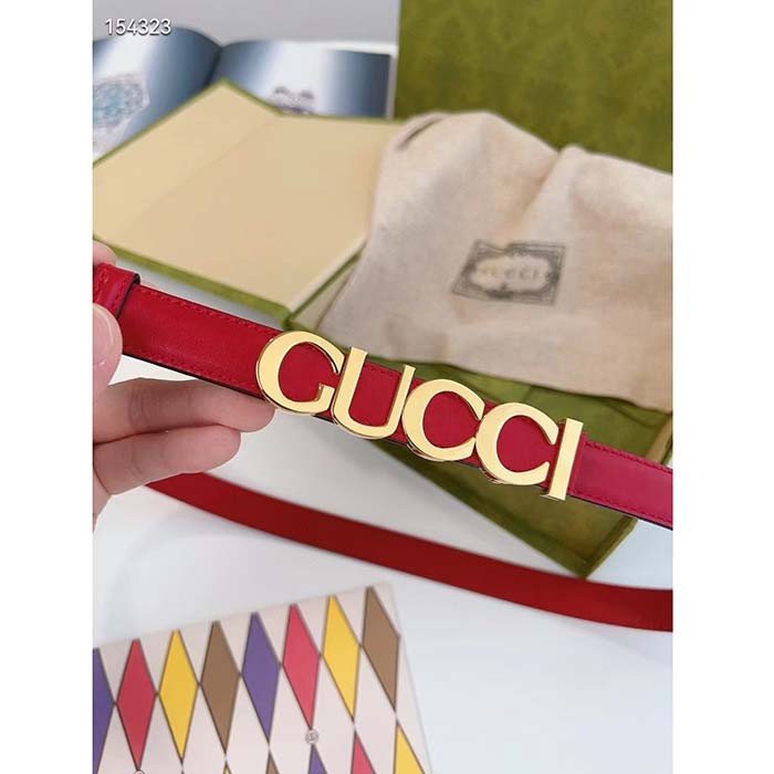 Gucci Unisex Buckle Thin Belt Red Leather Gold-Toned Hardware 1.5 CM Width