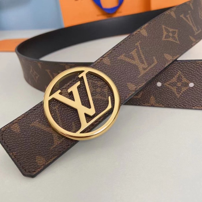 Louis Vuitton Unisex LV Circle 35 MM Reversible Belt Black Leather Monogram Canvas