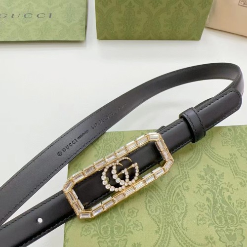 Gucci Unisex GG Thin Belt Crystal Double G Buckle Black Leather 2 CM Width