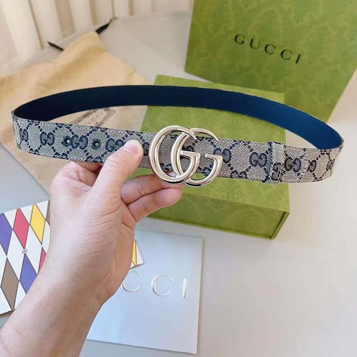 Gucci Unisex GG Marmont Reversible Belt Beige Blue Canvas Double G Buckle